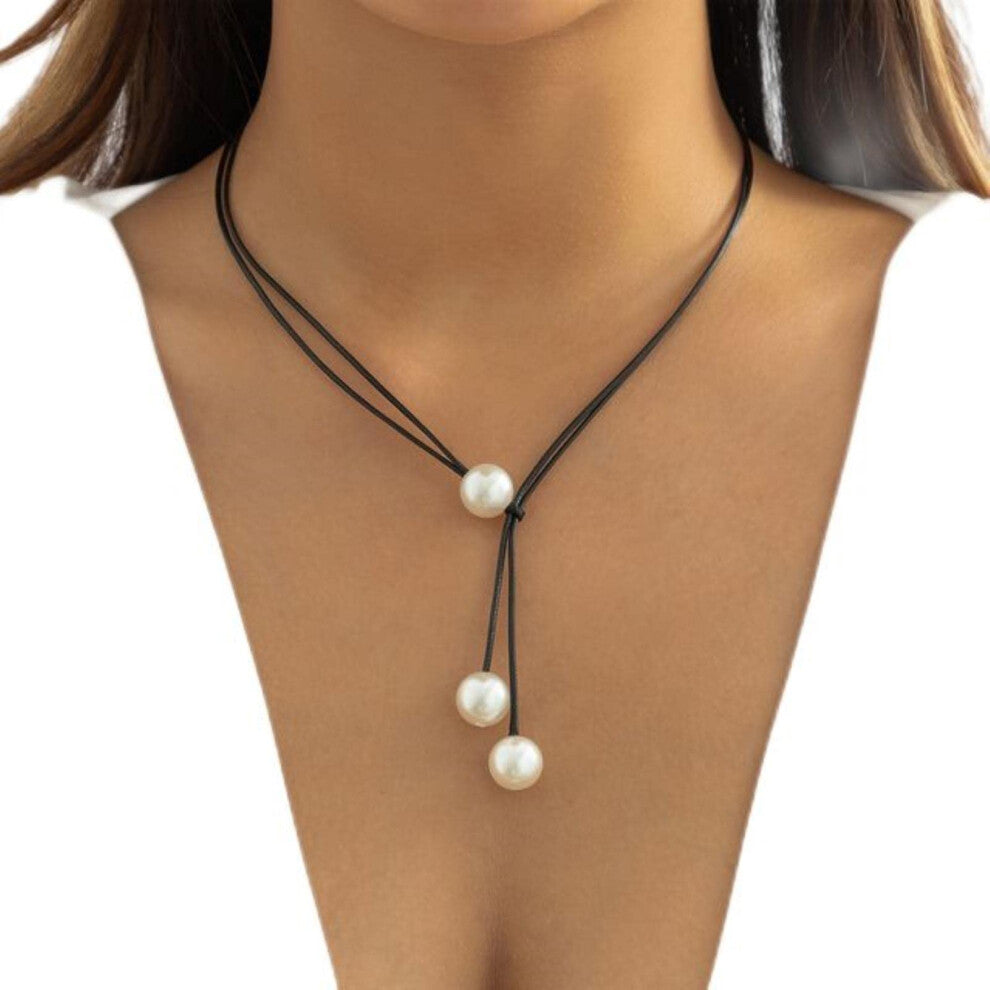 Gothic Trendy Black Colour Cord Chain Faux Pearl Pendant Necklace Adjustable Neck Jewellery Handmade Women's Jewelry