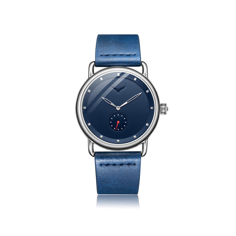 Blue Elegant Men's Watch With Leather Band Small Seconds Onion Crown Detail Watches
