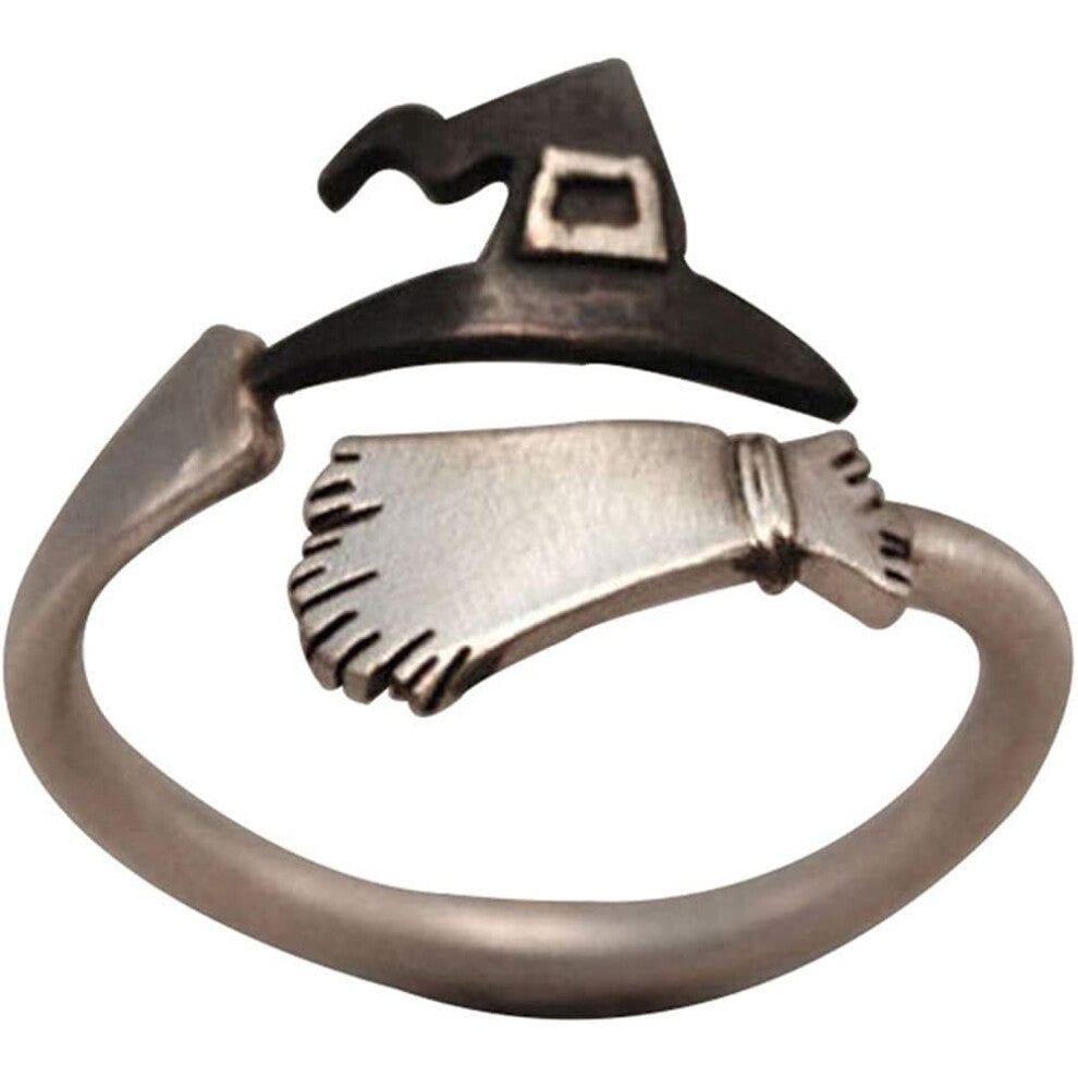 Rings For Women Halloween Witch Hat Broom Open Finger Adjustable Silver Metal US Size 10 Ring Gift