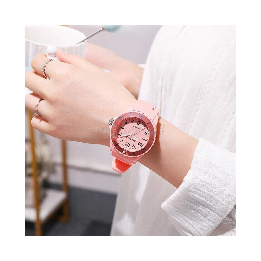 (Pink) Children Kids Watches For Boys Girls Colour Analogue Sports Watch with bezel