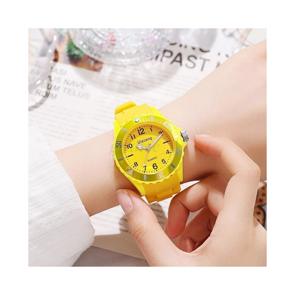 (Yellow) Children Kids Watches For Boys Girls Colour Analogue Sports Watch with bezel