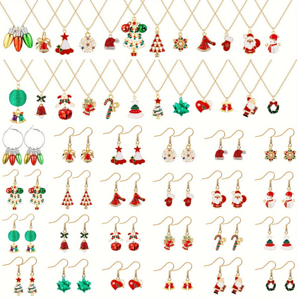 (15.Candy Cane Bell Set) Christmas theme fashion cartoon alloy oil dripping Christmas tree light bulb bell earring necklace set