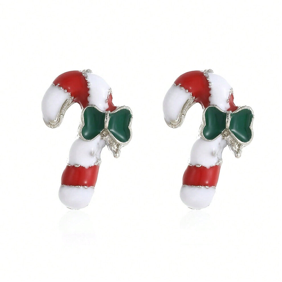 (ES22.Silver Cane Earrings) New Christmas series earrings are fashionable and exquisite, with diamond-studded color plates, including elk, Christmas t