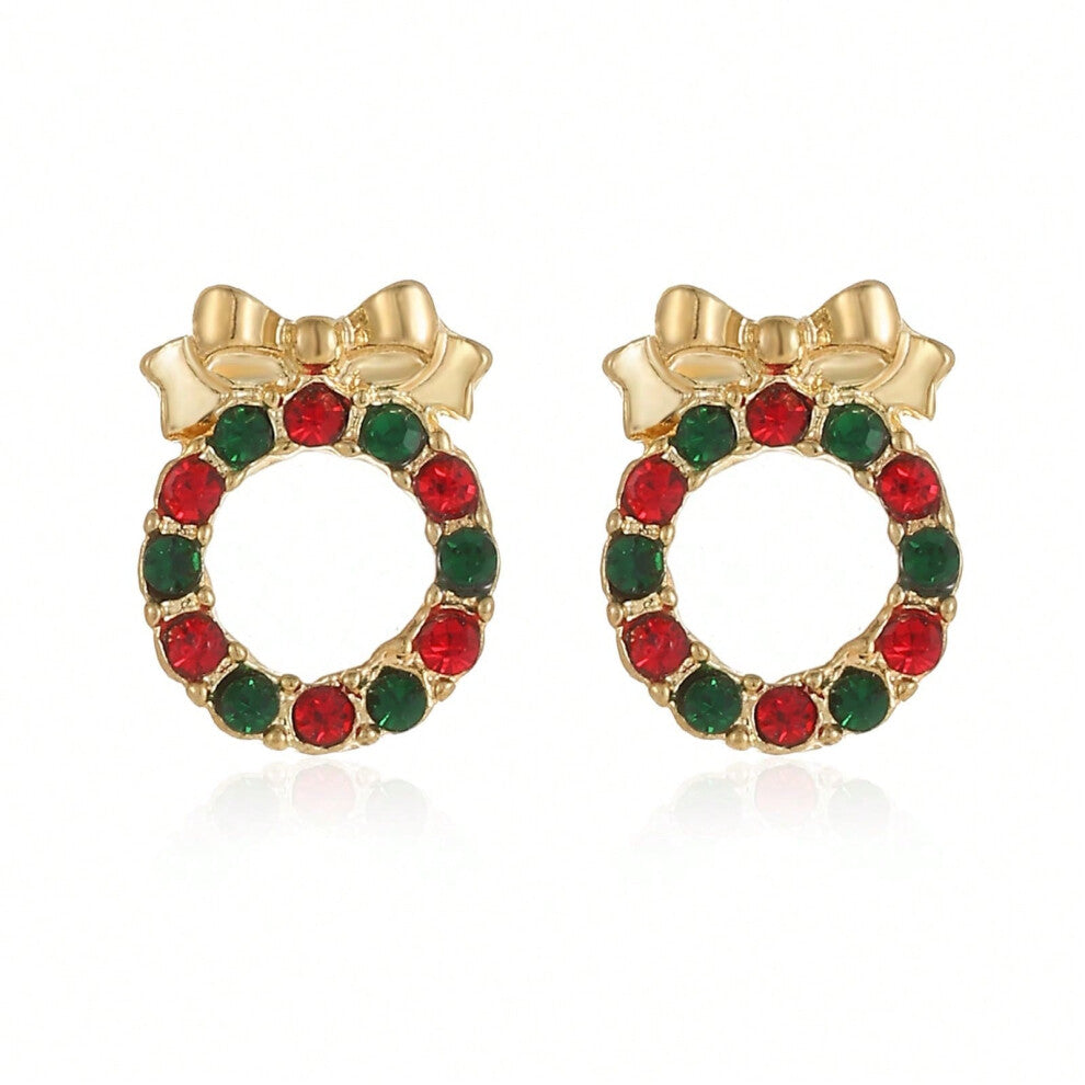 (ES17. Gold diamond wreath earrings) New Christmas series earrings are fashionable and exquisite, with diamond-studded color plates, including elk, Ch