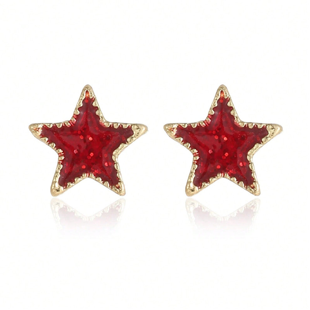 (ES1. Red five-pointed star earrings) New Christmas series earrings are fashionable and exquisite, with diamond-studded color plates, including elk, C