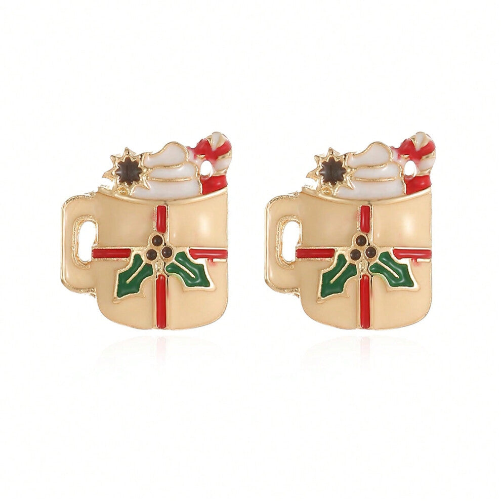 (ES27. Milk tea color cup earrings) New Christmas series earrings are fashionable and exquisite, with diamond-studded color plates, including elk, Chr