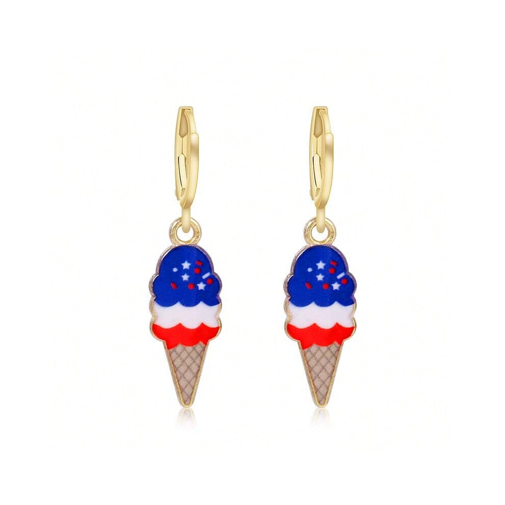 (29. Ice cream cone) American Independence Day earrings flag red, blue and white oil drop heart five-pointed star bow earrings