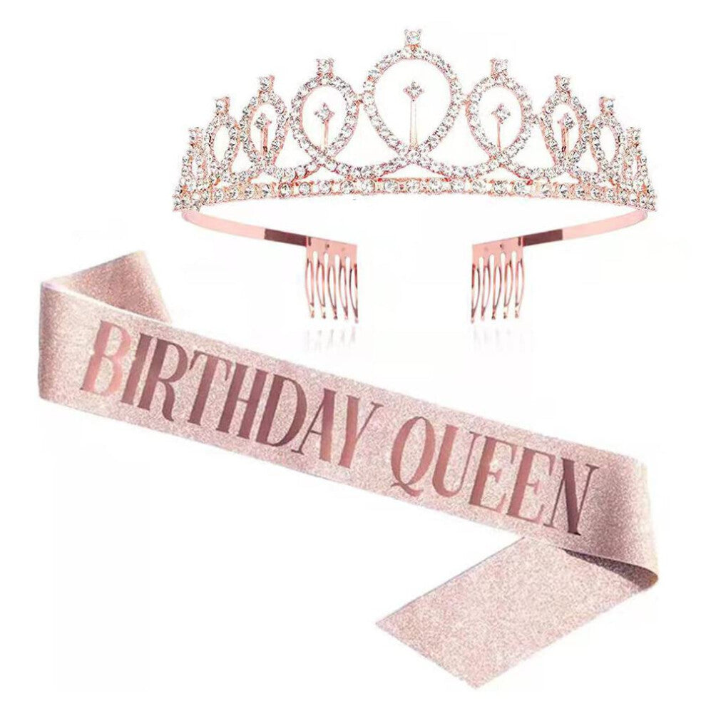 Birthday Girl Crown with Sash, Glitter Crystal Tiara Hair Accessories in Champagne Colour for Princess Celebrations
