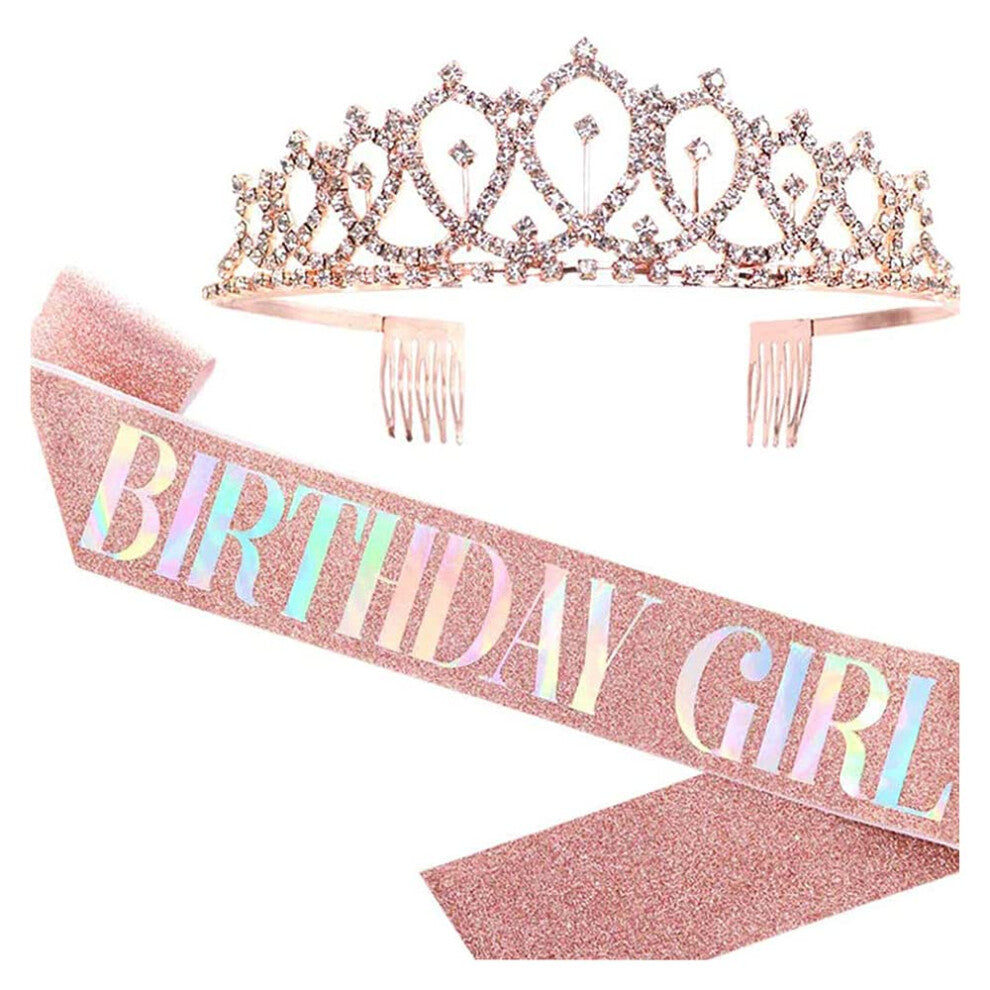 Birthday Crown Birthday Sash Set for Girls - Glitter Rose Gold Rhinestone Tiara and Pink Sash for Birthday Party Accessories