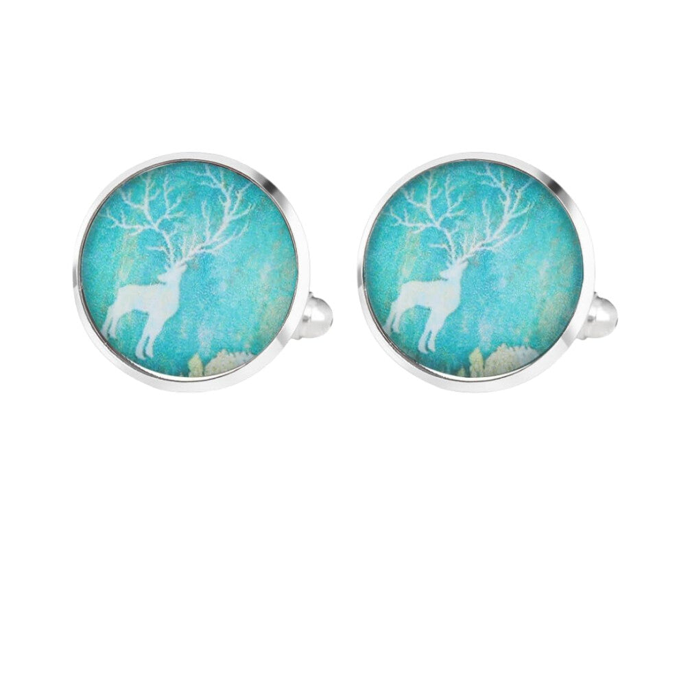 Cufflinks For Men 1 Pair Round Sika Deer Design Cufflinks for French Suit Shirt in Silver Tone Metal