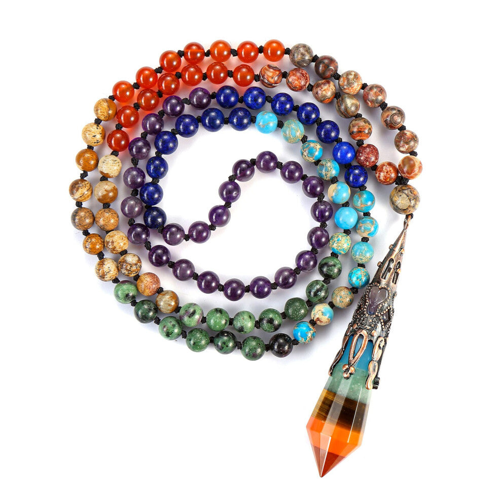 Jewellery 108 Beads Mala Chain 7 Chakra Bracelet Necklace with Hexagon Lace Pendant and Healing Stones