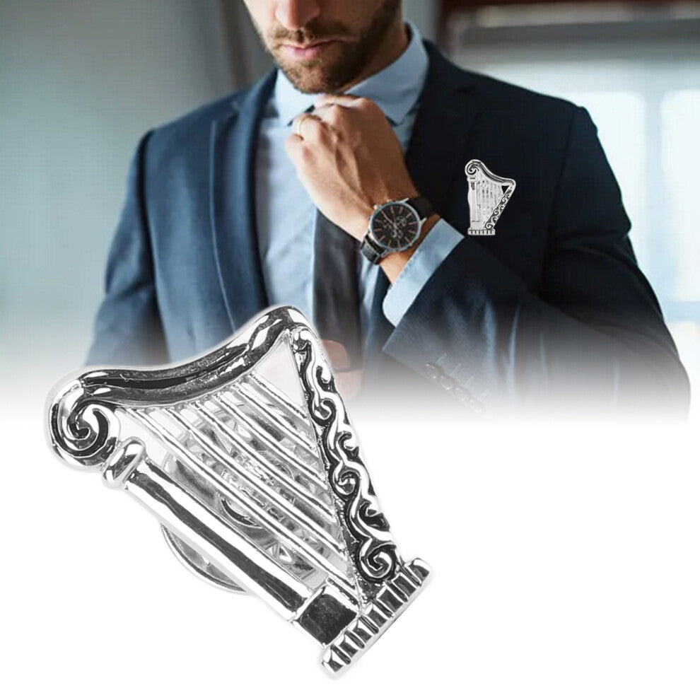 Stylish Silver Metal Harp Brooch with Glossy Finish – Musical Instrument Pin