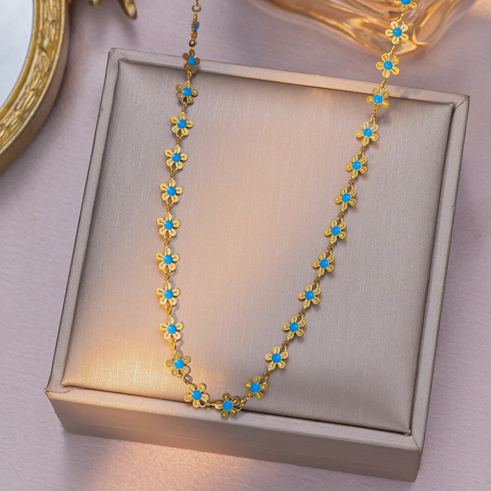 (YXP317 blue flower necklace in gold) Blue oil-dripping flower titanium steel necklace, women's light luxury style, floral double-sided collarbone cha