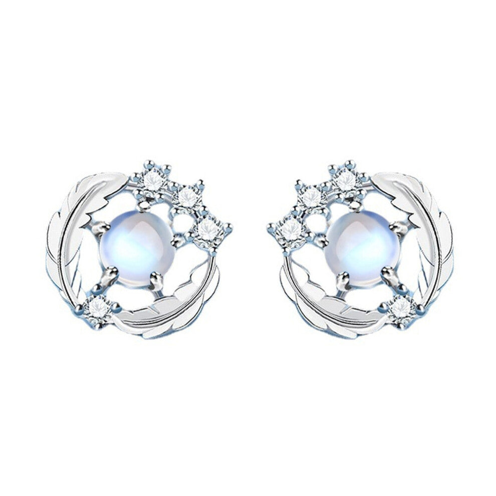 (Feather by Your Side Stud Earrings-Pair Price (Copper Plated with White Gold) M147) Moonstone Feather by Your Side Necklace Stud Bracelet Set, Women'