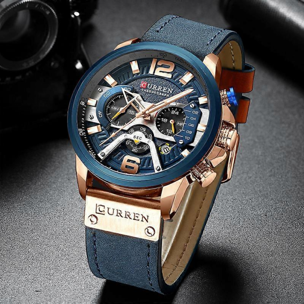 (gold black)Casual Sport Watches for Men Luxury Military Leather Wrist Watch Man Clock Fashion Chronograph Wristwatch