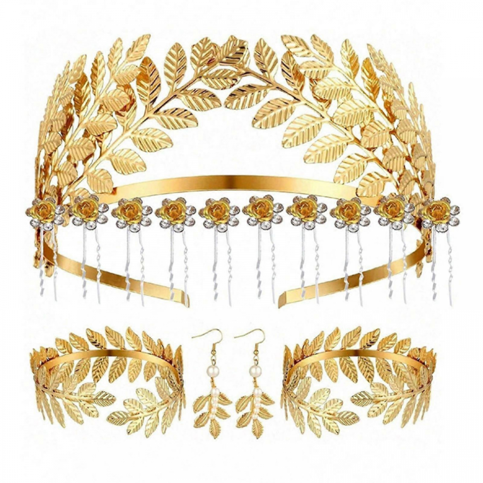 Grecian Goddesses Costume Accessories Set Roman Toga Party Headband Upper Arm Cuffs Bracelet Earring Necklace Jewelry Six leaf headband se