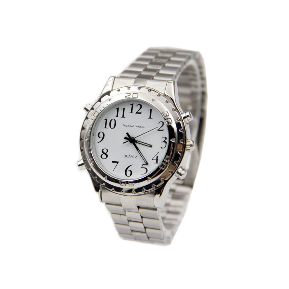 (Silver) Blind Friendly Analog Elderly Report Time Watch Quartz Supplies Stainless Steel