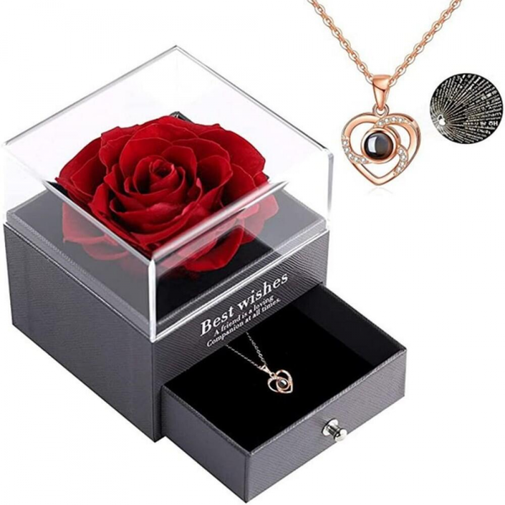 Forever Rose With I Love You Heart Necklace 100 Languages Projection, Birthday Gifts For Girlfriend Wife Mom Grandma, Eternal Rose