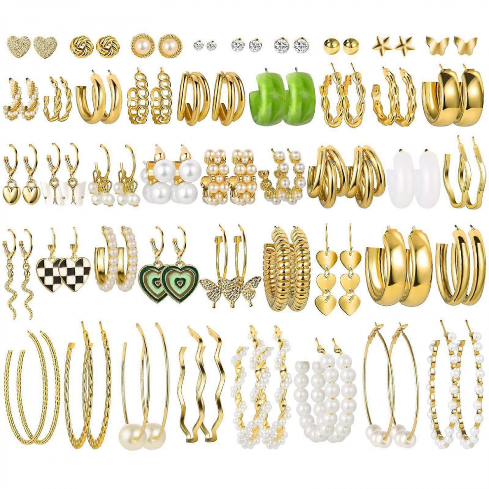 44 Pairs Gold Hoop Earrings Set for Women Girls, Fashion Dangle Heart Statement Pearl Earrings Pack, Hypoallergenic Chunky Hoops Jewelry for Birthday