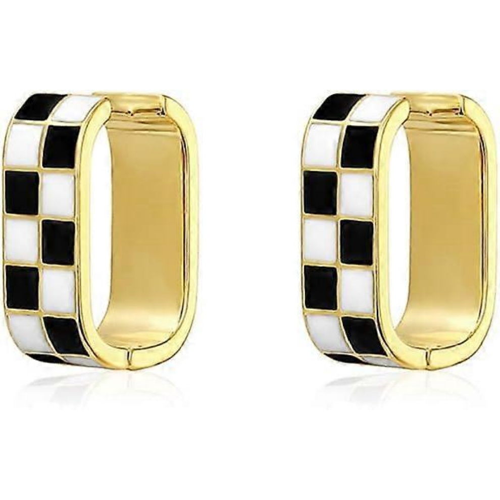 Plaid Thick Oval Hoop Earrings For Women Girls Sophisticated Hug Hoops White Black Enamel Simple Hoop Hypoallergenic Gift Her Christmas Gift