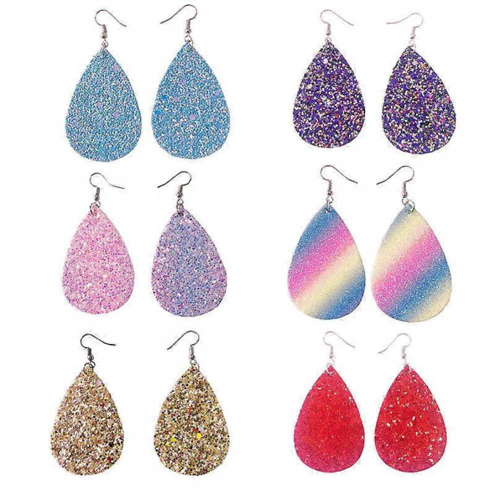 6 Pairs Glitter Earrings Decor Water Drop Shaped Pu Earbob Delicate Eardrop