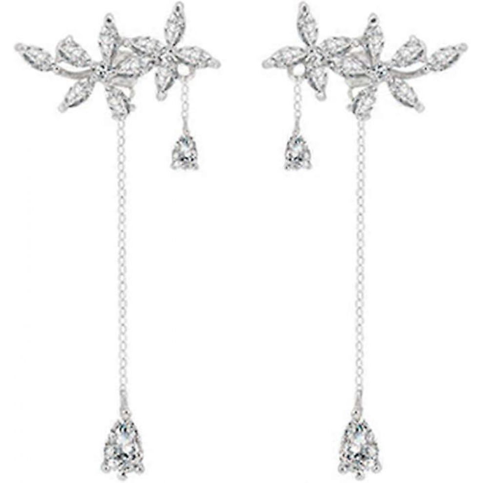 925 Sterling Silver CZ Flowers Wrap Earrings Dangle Chain for Women Girls Elegant Dangling Earrings Bridal Earrings Wedding Engagement Drop Earrings