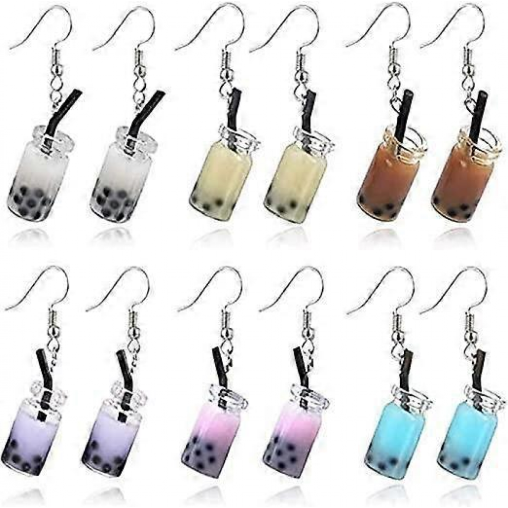 6 Pairs of Creative and Unique Bubble Boba Tea Dingle Earrings Funny Personalized Milk Tea Drink Earrings Colorful Glass Bottle Funny Earrings