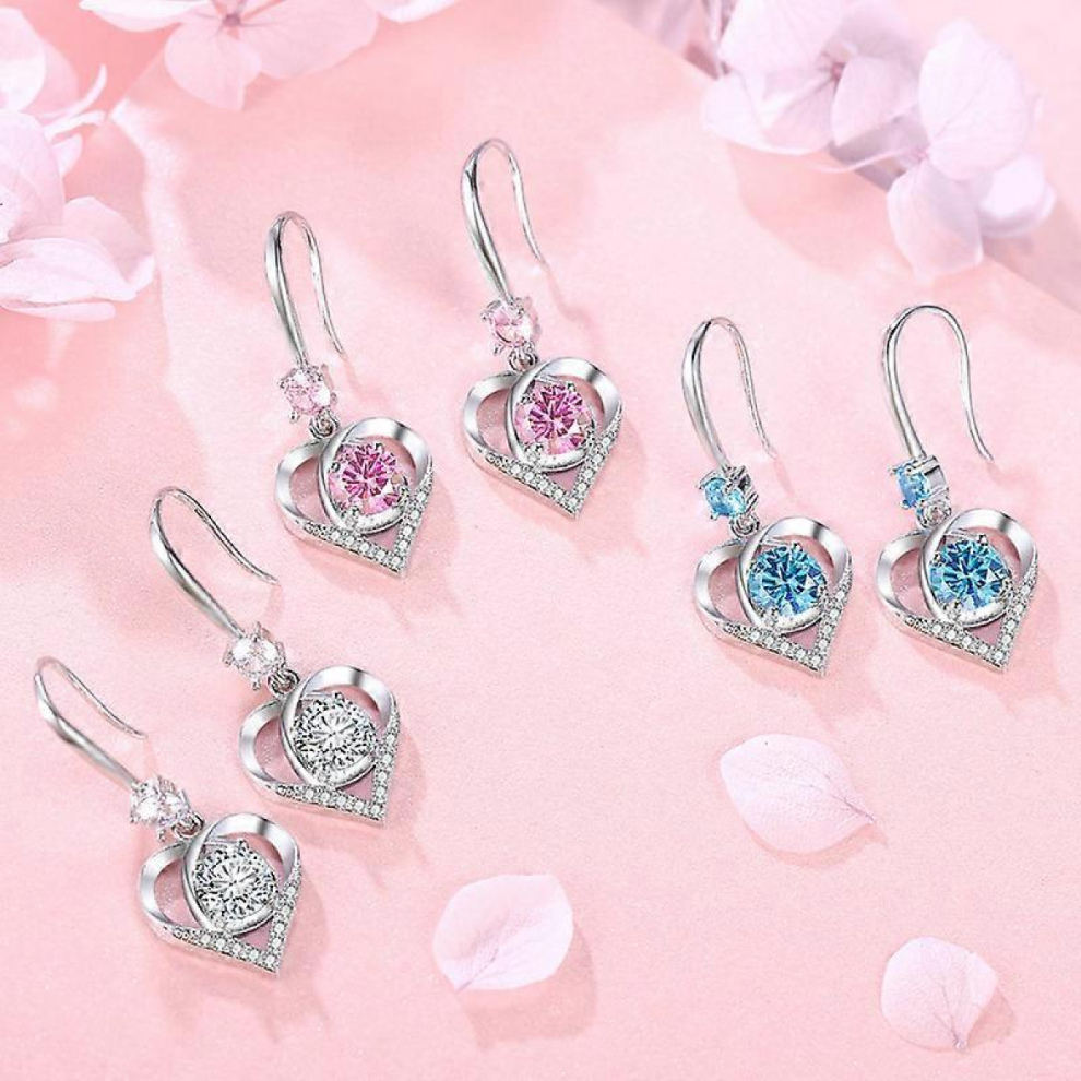 Fashion Ladies Stainless Steel Heart Love Cross Long Crystal Diamond Sapphire Pink Gemstone Earrings Pendant Bridal Engagement,set of 3pairs