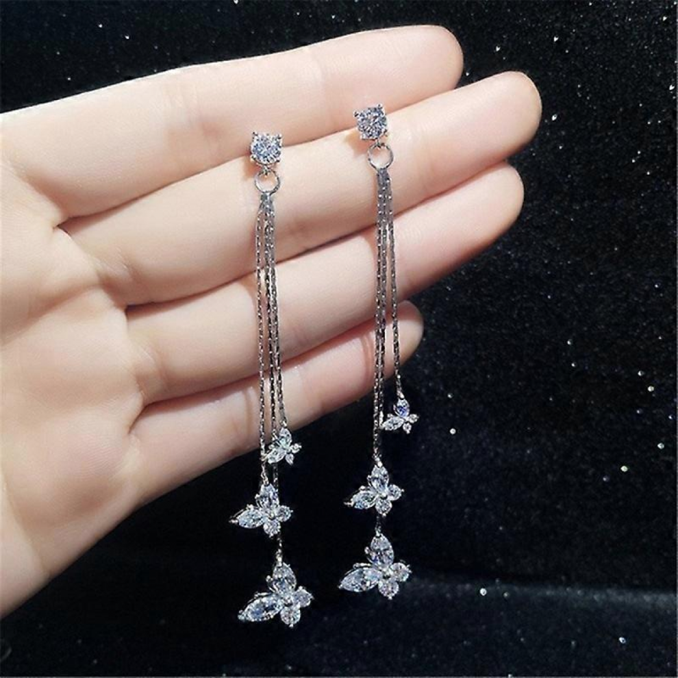 925 Silver Butterfly Crystal Tassel Earrings Drop Dangle Women Wedding Jewellery