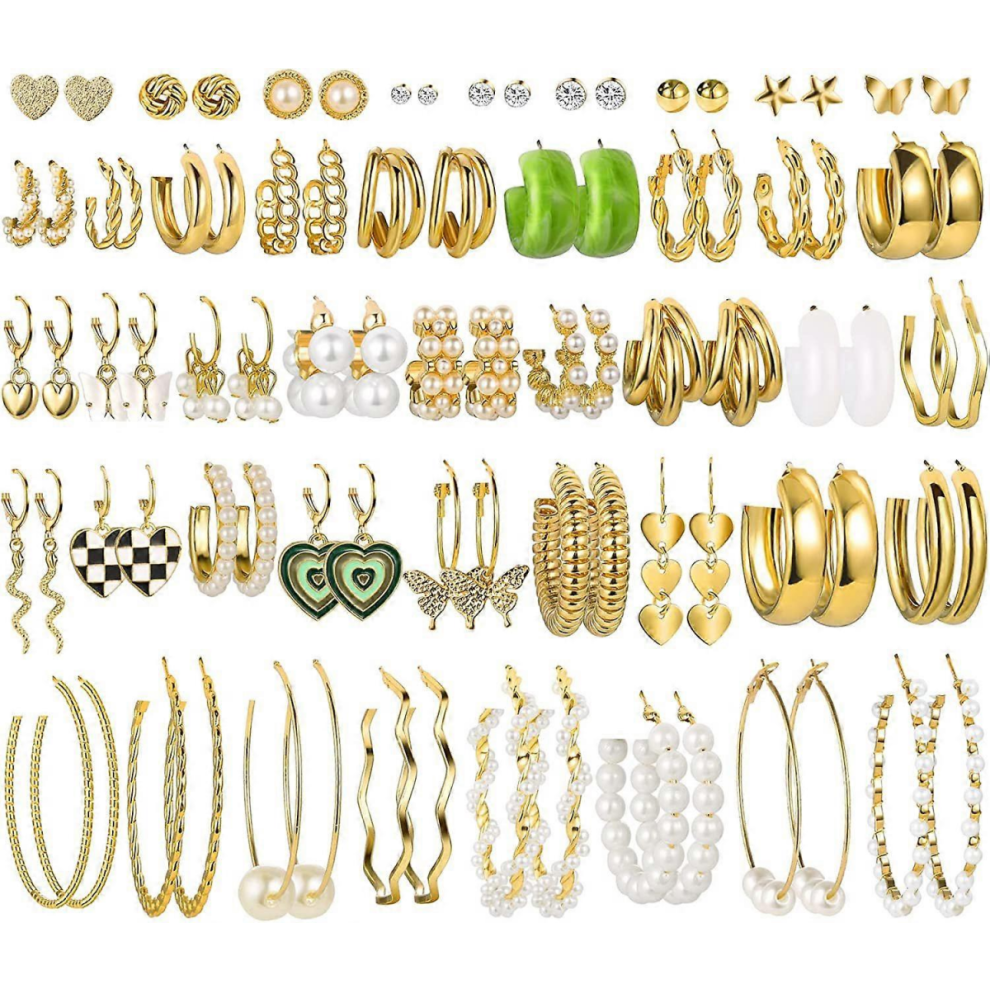44 Pairs Gold Hoop Earrings Set for Women Multipack, Fashion Dangle Heart Statement Pearl Earrings Pack, Hypoallergenic Chunky Hoops Jewelry for Birt