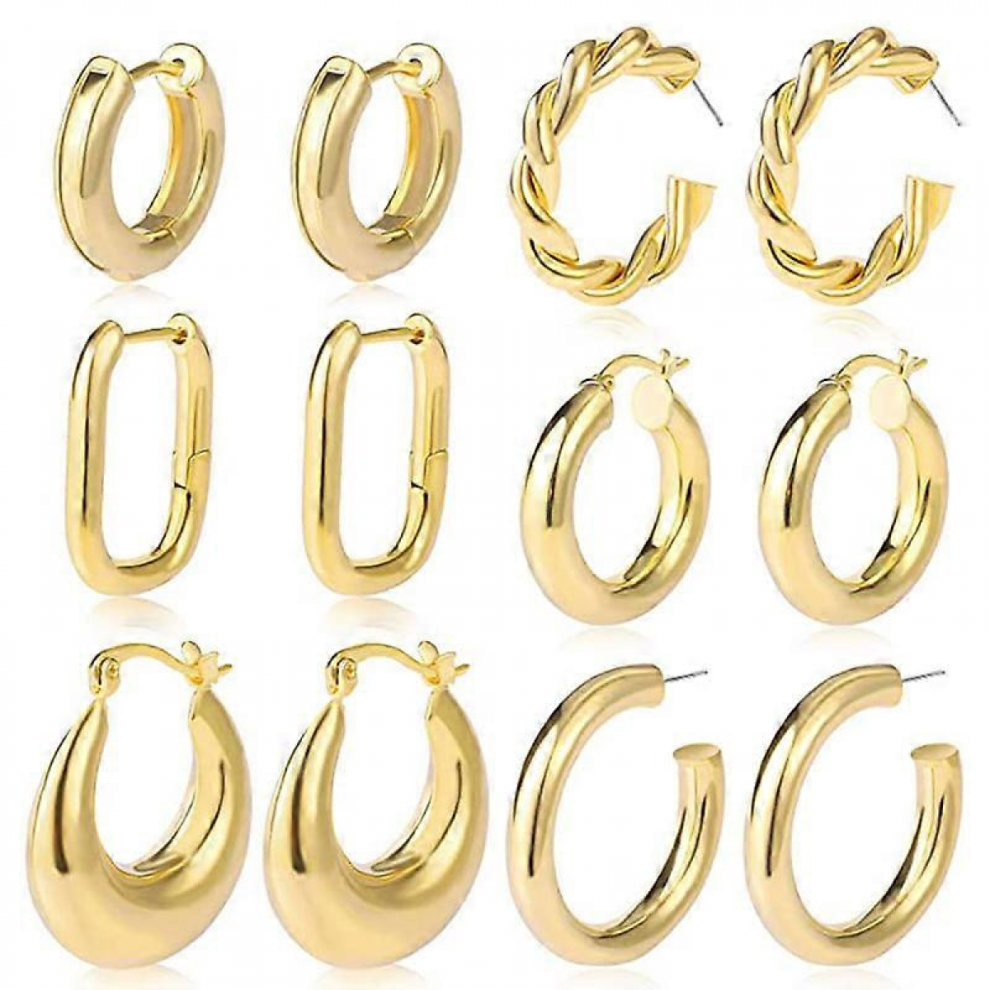 Gold Hoop Earrings Set for Women, Lightweight Hypoallergenic Chunky Open Hoops Set for Gift 6pairs