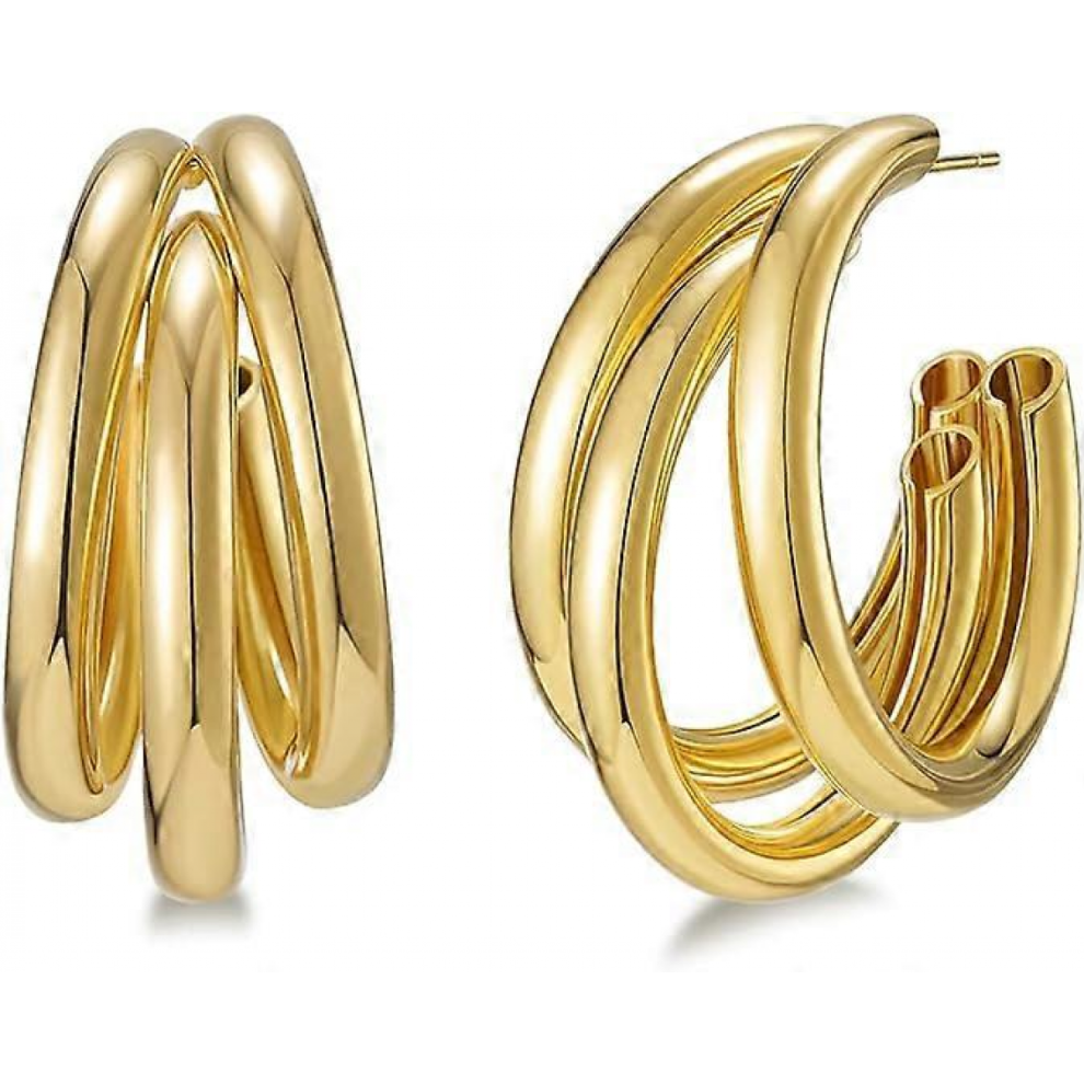 Chunky Hoop Earrings for Women, 925 Sterling Silver Post Triple Open Hoops, Diameter Gold