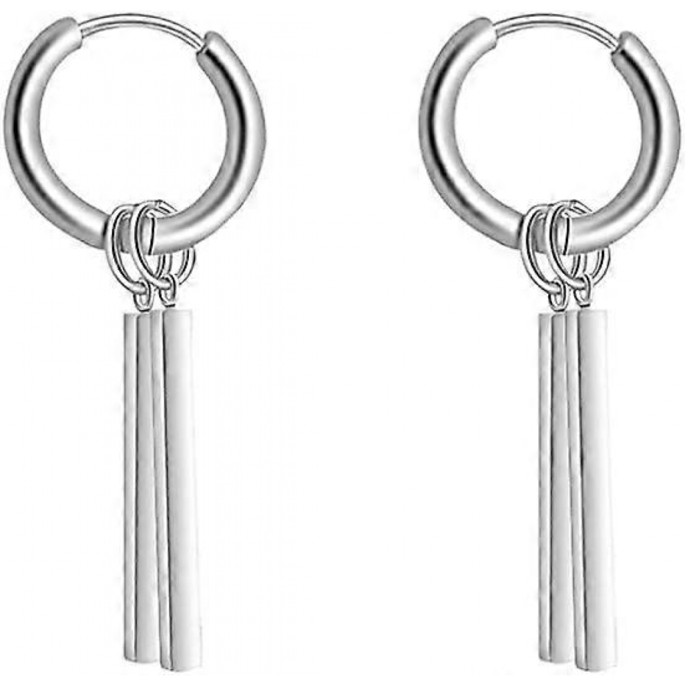 Minimalist Double Bar Small Hoop Short Dangle Drop Earrings for Men Women Boys Girls Stainless Steel Charms Huggie Hoops 2CM silver 2pcs