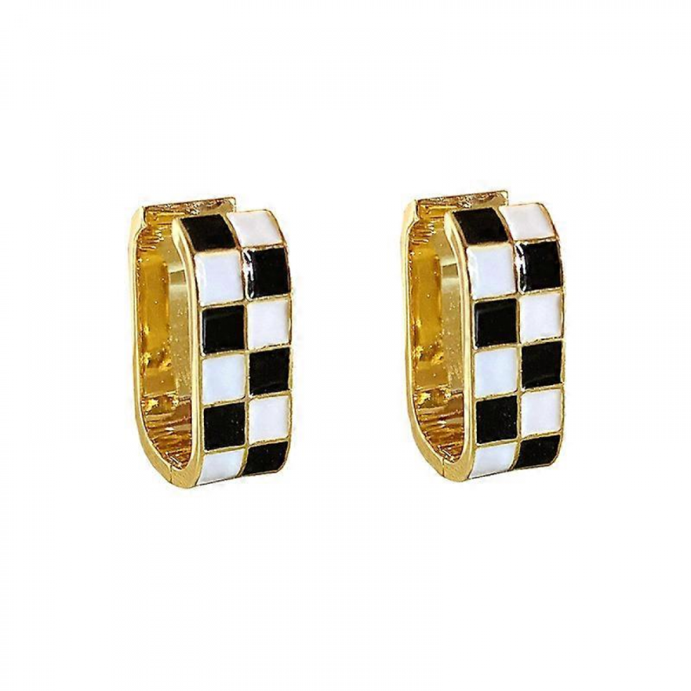 Fashion Checker Chunky Oval Hoop Earrings for Women Girls Dainty 925 Sterling Silver Post 14K Gold Plated Huggie Hoops White Black Enamel Hypoallerge