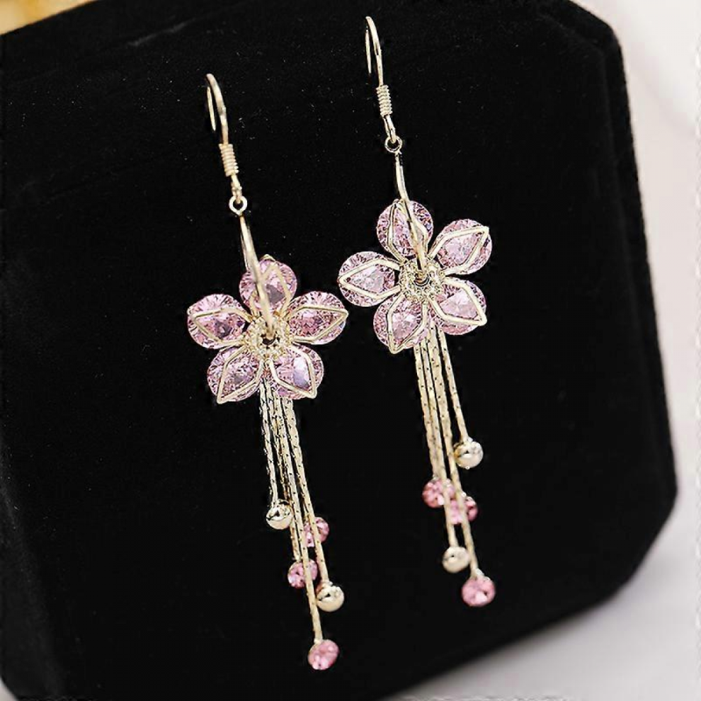 Fashion Crystal Flower Tassel Hook Earrings Drop Dangle Women Wedding Jewellery