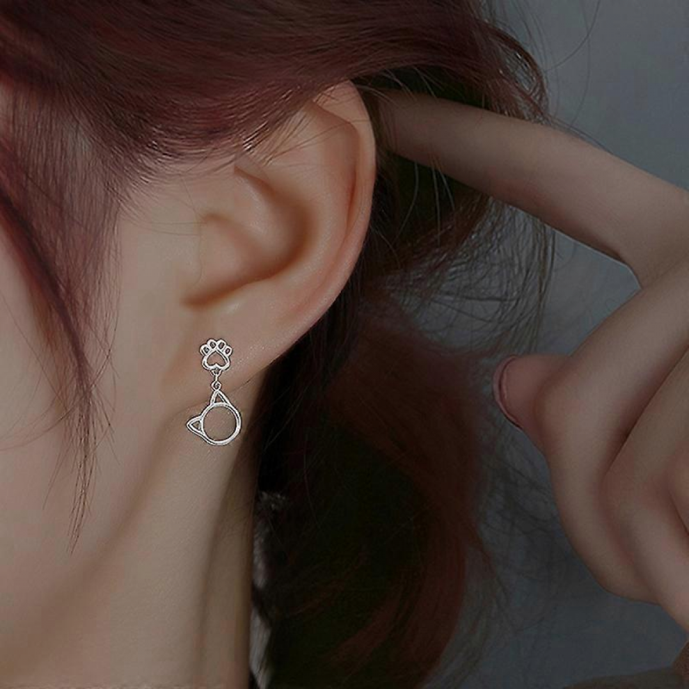 Cute Cat Face Paw Earrings - Silver Pet Cat Dog Puppy Paw Print Stud Dangle Earrings Animal Jewelry Gifts for Pet Lover Women Girl Teens