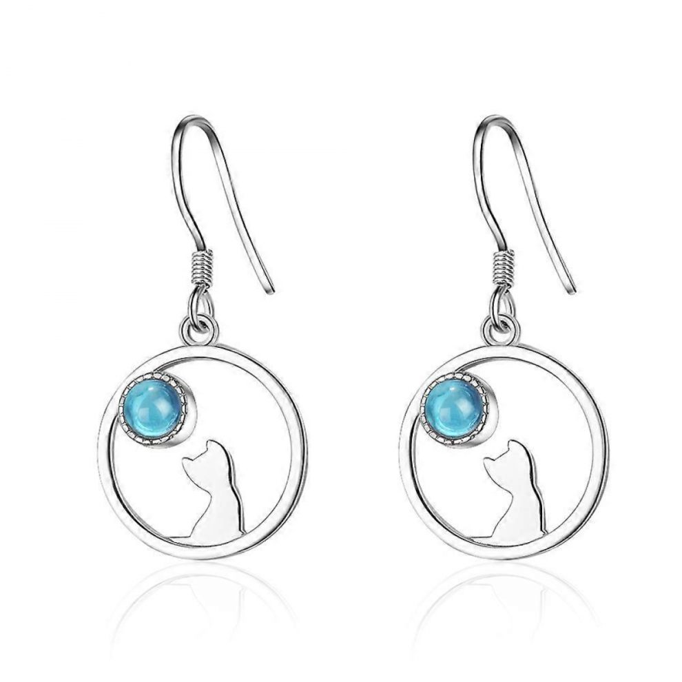 Cat Circle Drop Hook Stud Earrings Silver Womens Girls Jewellery,1pair