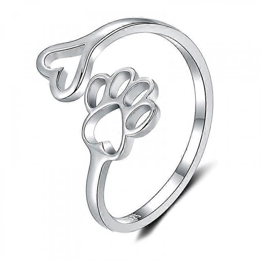 Puppy Pet Lovers Paw Print Ring Heart 925 Sterling Silver Adjustable Ring Pet Animal Jewelry Creative Pierced Love Dog Cat Claw Ring Pet Loving Frien