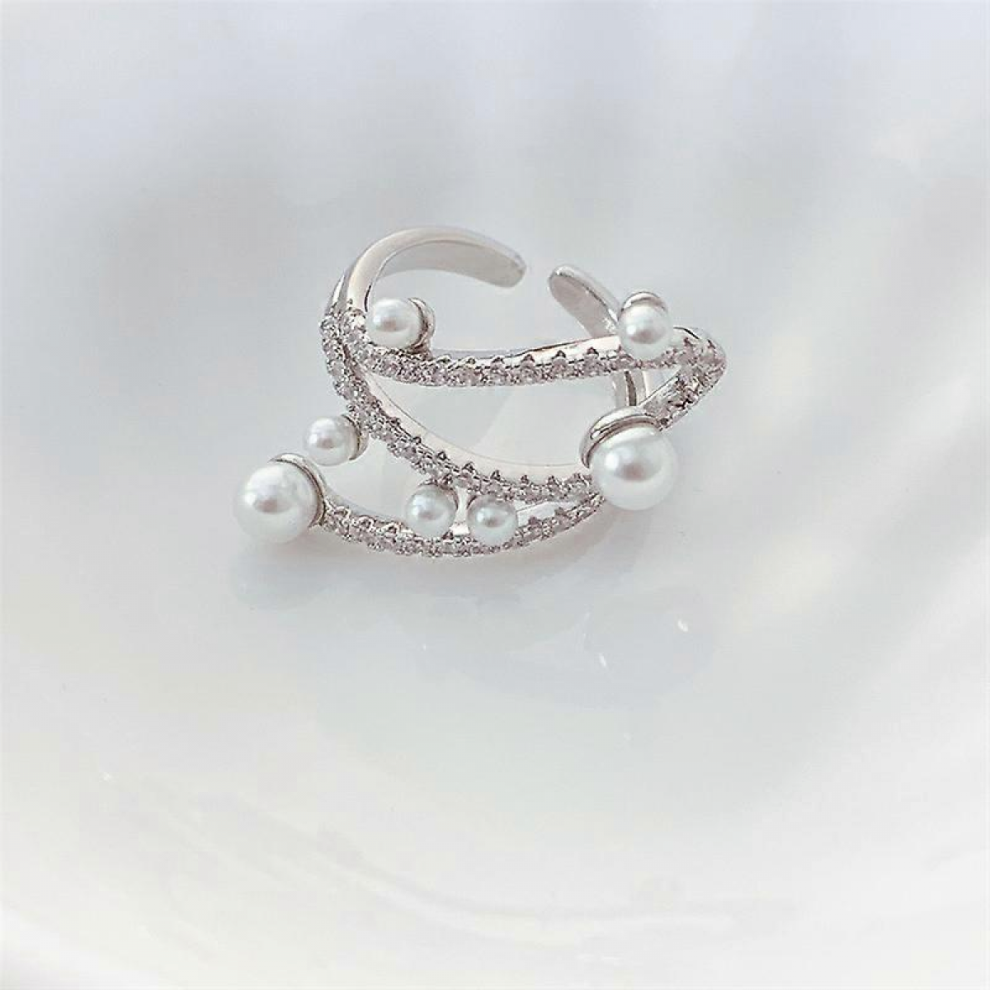 Adjustable Geometric Line Silver Plated White Engagement Pearl open Ring for Women,1pc