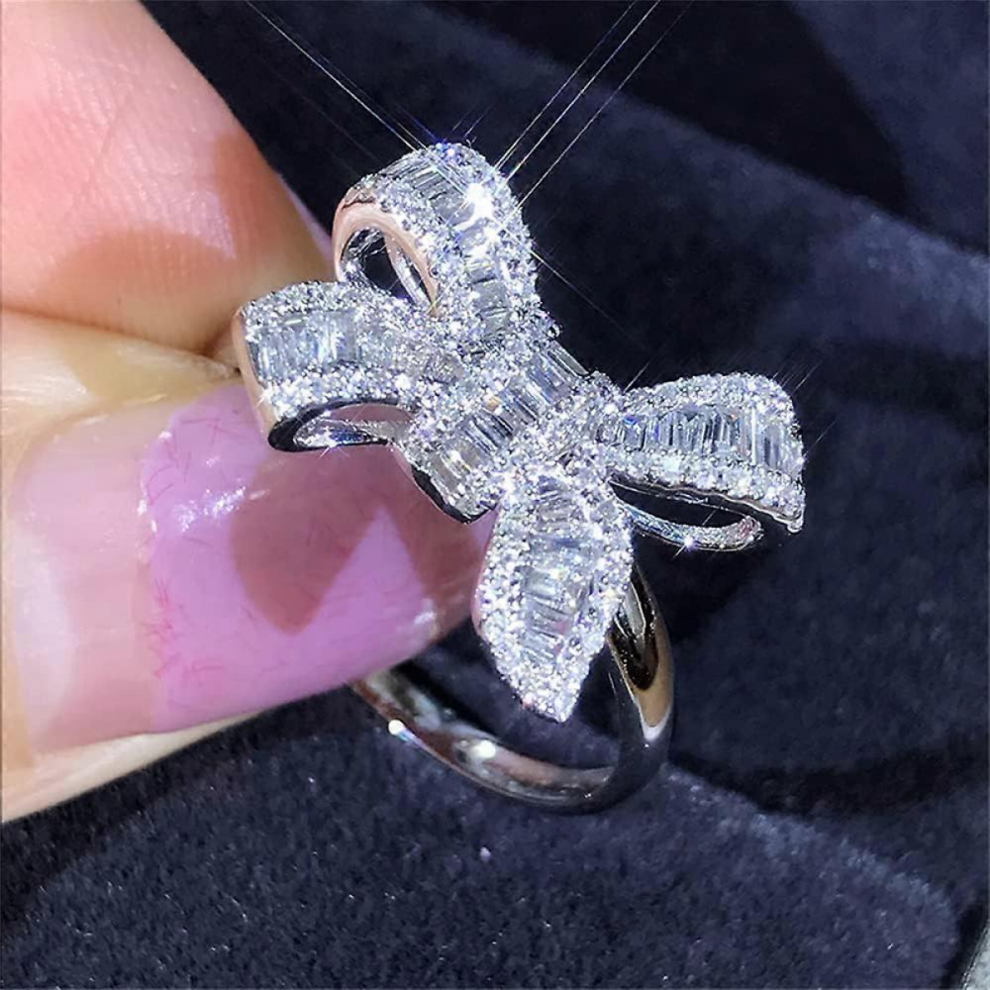 Fashion 925 Sterling Silver Ladies Rings Shiny White Gold Bow Jewelry Rings Princess Bridal Engagement Wedding Rings Ladies Birthday Gifts (9)