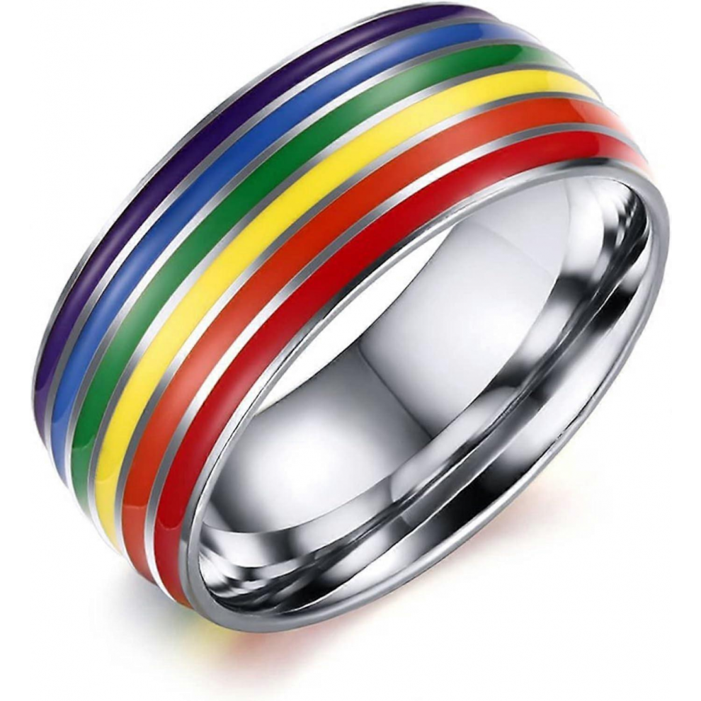 8mm Stainless Steel Enamel Rainbow LGBT Pride Ring for Women and LGBTQ Pride Wedding Engagement Rings 2pcs