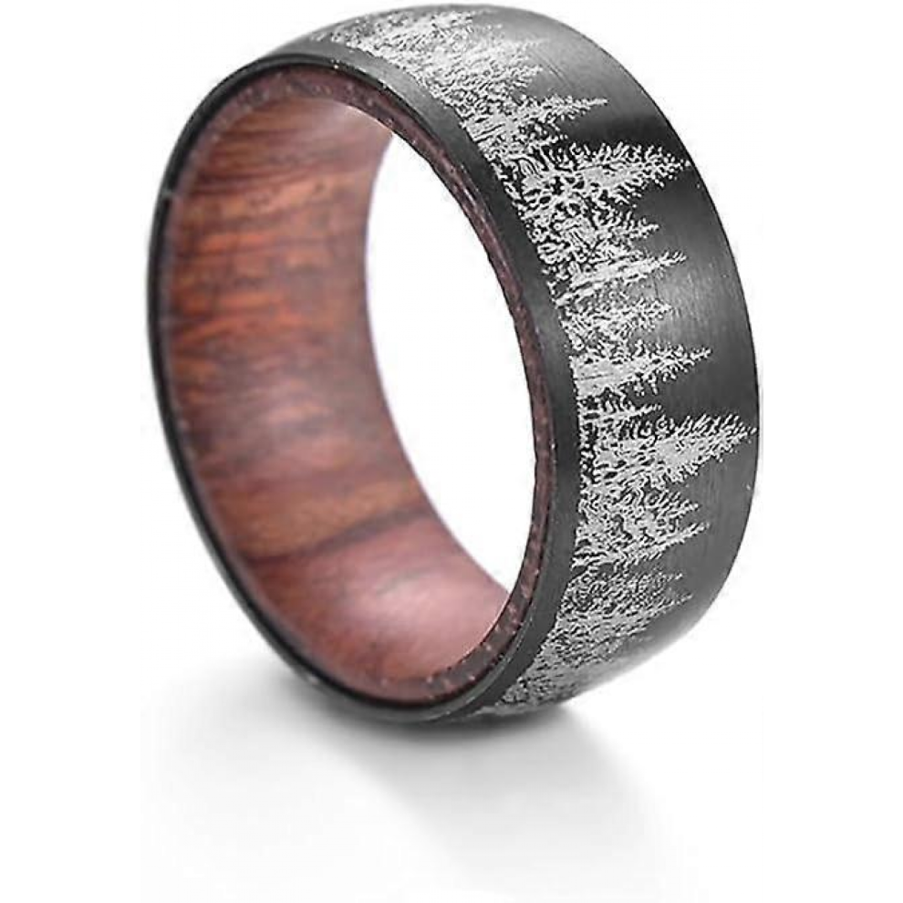 Black Forest Tungsten and Wood Rings for Men, Black Inlay Wooden Grain Wedding Bands, Minimalist Engagement Ring with Box, Anniversary Wood Wedding Ba