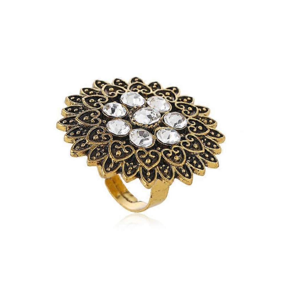 Boho Blossom Flower Statement Ring for Women Girls Round CZ Cluster Vintage Oxidized Love Heart Shaped Petal Leaf Open Wrap Finger Rings Gold 3.4cm