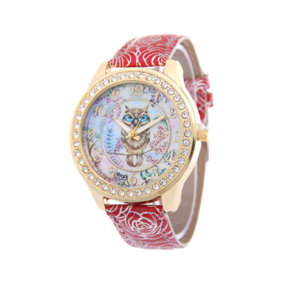 (Red) Owl Women Printing Watches Leather Watchband Fashion Decoration Gift Wristwatch