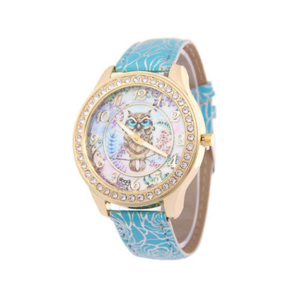 (Blue) Owl Women Printing Watches Leather Watchband Fashion Decoration Gift Wristwatch