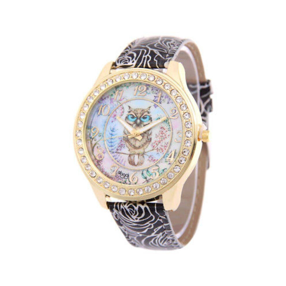(Black) Owl Women Printing Watches Leather Watchband Fashion Decoration Gift Wristwatch