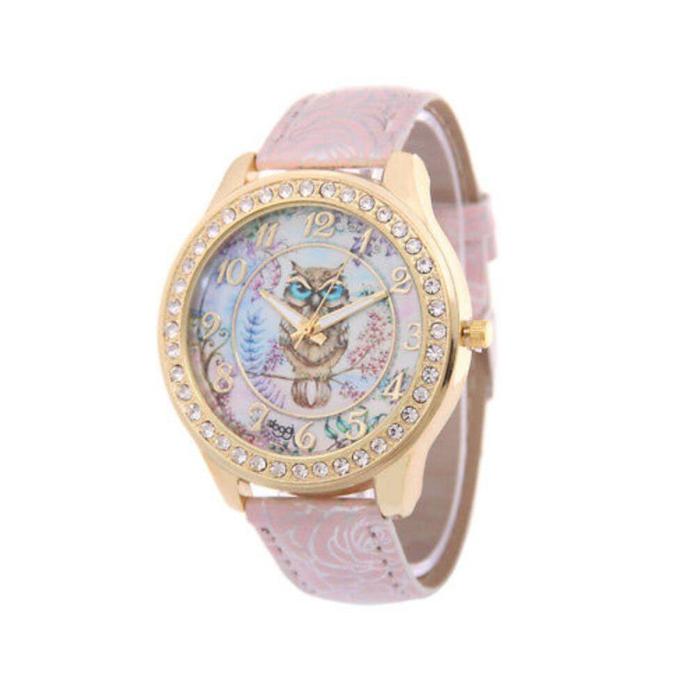 (Pink) Owl Women Printing Watches Leather Watchband Fashion Decoration Gift Wristwatch