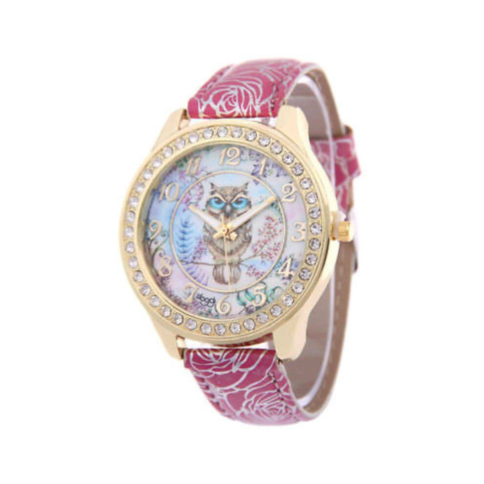 (Rose Red) Owl Women Printing Watches Leather Watchband Fashion Decoration Gift Wristwatch