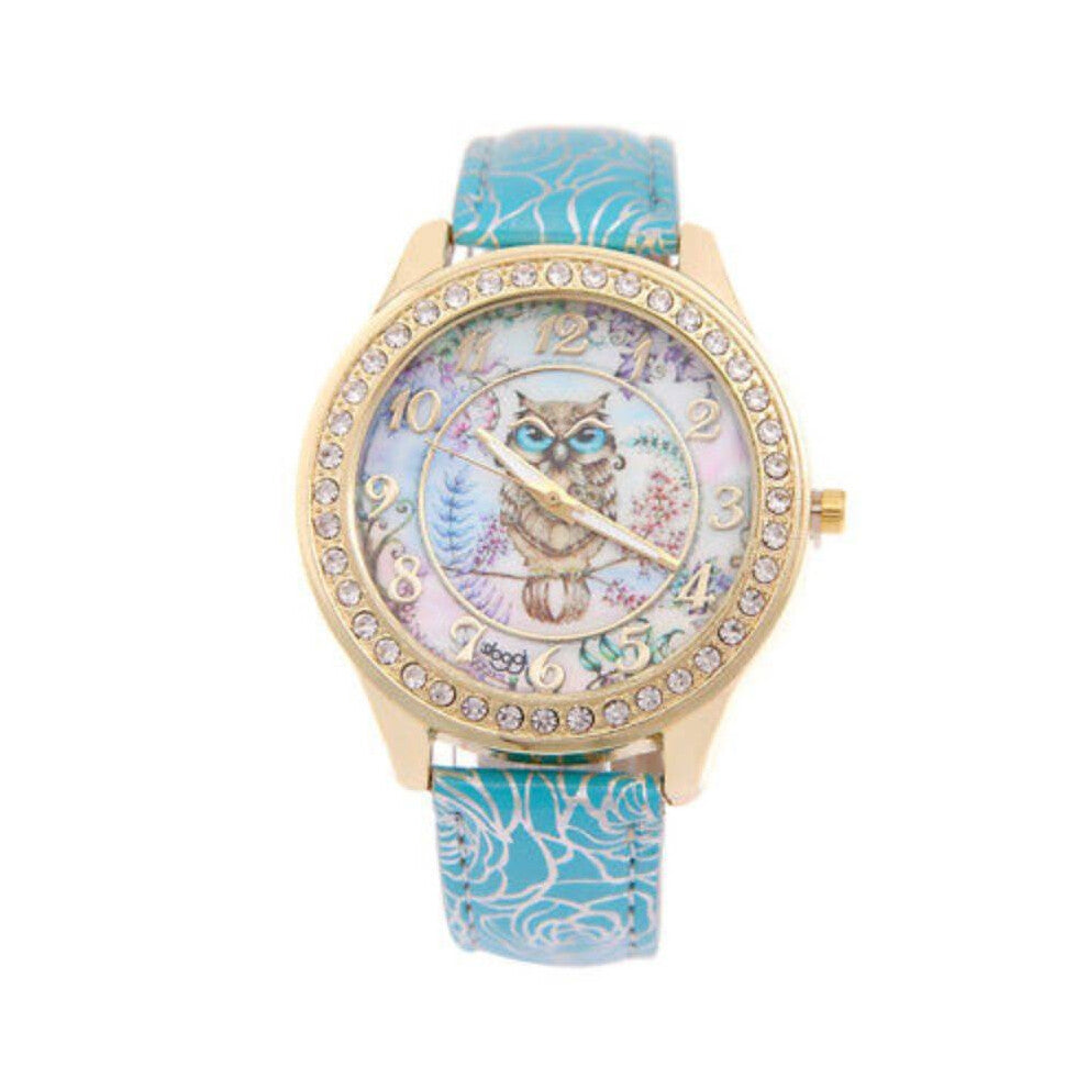 (Sku Blue) Owl Women Printing Watches Leather Watchband Fashion Decoration Gift Wristwatch