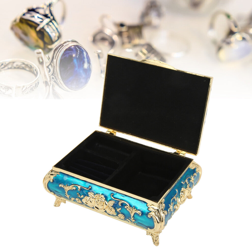 Vintage Jewelry Box Glossy Rust-Resistant Zinc Alloy Blue Rose Relief 20x15x10cm